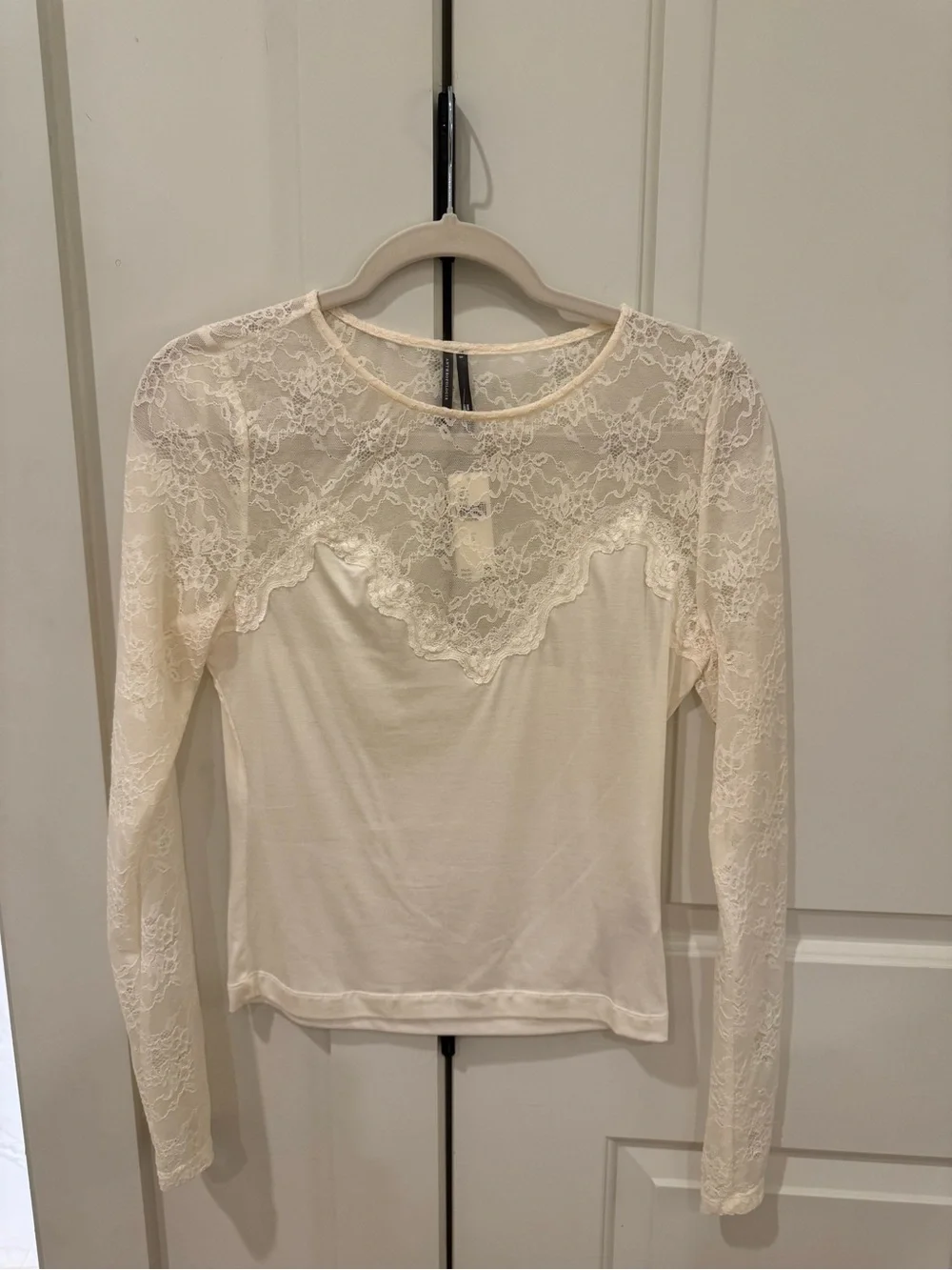 Anthropologie Cream Lace Inset Long Sleeve Top